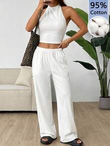 SHEIN EZwear 95%纯棉白色女士针织紧身休闲套装（背心+长裤） - 舒适透气，四季皆宜，适合夏季运动、健身、瑜伽、上学、外出等场合，也是优雅的春夏度假装扮，例如海边海岛度假、出席高档婚礼、打造复古乡村西部风情、波西米亚风邮轮造型、浪漫城市之旅、音乐节、春假等场合，以及展现甜美少女的居家休闲风。 - 彩色 - 查看 6