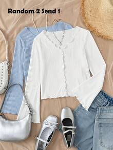 SHEIN Ragazza pre-adolescente casual quotidiano maglia con colletto arricciato bianco aderente apertura frontale maniche lunghe a campana - Bianco - Visualizzare 8