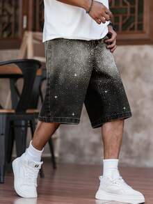 Manfinity EMRG Men's Plus Size Rhinestone Embellished Wide Leg Denim Shorts - Light Grey - View 5