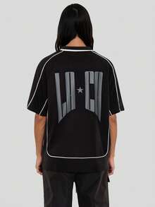 FORM&CHAOS Men's Loose Fit Contrast Color V-Neck T-Shirt, Street Style Graphic Street Wear, Summer - Black - View 2
