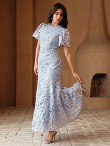 Anewsta Women's Elegant Water-Soluble Floral Hollow-Out Long Dress - Blue - View 9