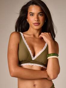AiiRZ Lace Trim Plunge V-Neck Bikini Set With Triangle Top And High-Cut Cheeky Bottoms Summer Beach Party Olive Green Sexy - Multicolor - View 2