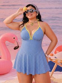 Swim Mod 2026 New Spring/Summer Plus Size Women's Vacation Beach Plaid Halter Tankini Set - Multicolor - View 4