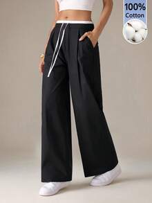 SHEIN Tall 女款時尚百搭口袋抽繩腰拼色休閒寬鬆長褲，適合高個女性 - 黑色 - 查看 5