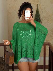 Travachic Plus Size Fashionable Solid Color Hollow Out Batwing Sleeve Sweater Autumn Winter Clothes For Women Fall - Green - View 6