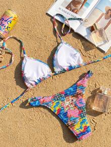 Swim Vcay Spring/Summer 2pcs Women's Beachwear Tropical Cute Sexy Vacation Beach Swimming Pool Party Blue Floral Halter Neck Backless Bikini Set - Multicolor - View 3