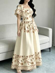 Modelyn Đầm nữ thanh lịch với họa tiết lá rùa, cây dừa, lá rụng và hoa nhỏ, kiểu dáng cổ vuông tay ngắn thời trang với thiết kế xếp nếp ở gấu đầm, phong cách nghỉ hè. - Nhiều màu - Xem 4
