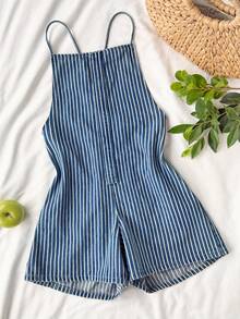 SHEIN Teen Girls Navy Blue Thin Stripe Denim Loose Halter Top And Bottom Shorts For Rave Outfits Summer Casual Back-To-School Prom - Blue - View 1