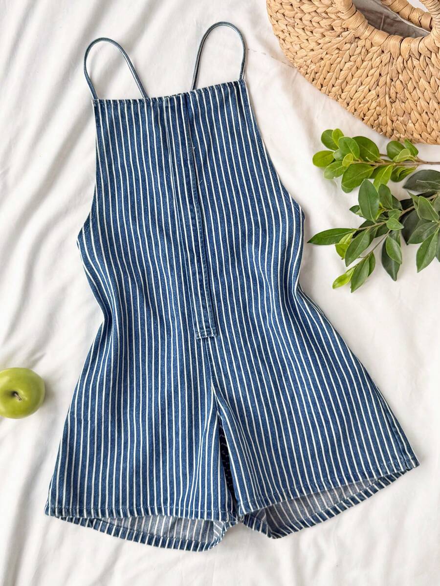 SHEIN Teen Girls Navy Blue Thin Stripe Denim Loose Halter Top And Bottom Shorts For Rave Outfits Summer Casual Back-To-School Prom - Blue - View 1