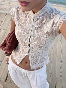 Opulessa Women's Stand Collar Floral Pattern Lace Casual Versatile Daily Outing Blouse - White - View 1