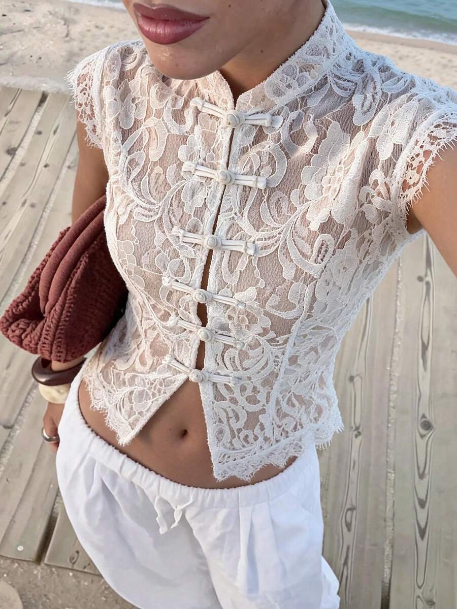 Opulessa Women's Stand Collar Floral Pattern Lace Casual Versatile Daily Outing Blouse - White - View 1