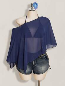 SHEIN ICON 大尺碼雪紡外套三角杯繫帶背心女款2件組 - 藏蓝色 - 查看 3
