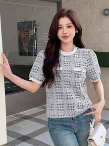 DAZY 春夏秋圓領短袖收腰灰色格紋粗花呢修身女款T恤 - 米色 - 查看 4