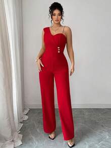 Elenzga Spring/Summer Women's Elegant Exquisite Asymmetric Neckline Cinched Waist Rhinestone Buckle Decor Button Pearl Shoulder Strap Jumpsuit, Suitable For Work, Commuting, Shopping And More Occasions - Red - View 6