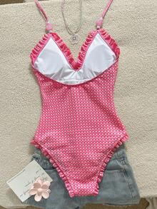 Swim Mod Girls' Special Fabric Pink Lace Halter Neck One-Piece Swimsuit - Multicolor - View 2
