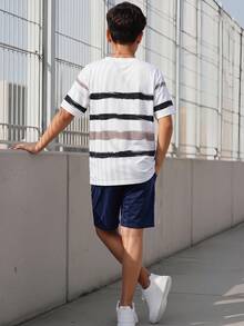 SHEIN 青少年男孩休閒簡約針織白色短袖條紋字母Y2K圖案套頭圓領T恤，適合返校、外出、聚會、度假、春夏季 - 白色 - 查看 3