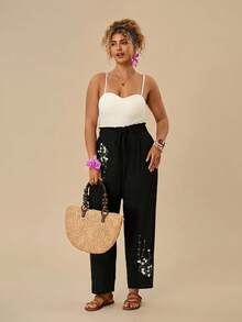 Travachic Plus Size Women's Floral Print Pleated Casual Traditional Boho Versatile Daily Travel Bussines Vacation Long Pants Black And White Autumn Fall - Black - View 3