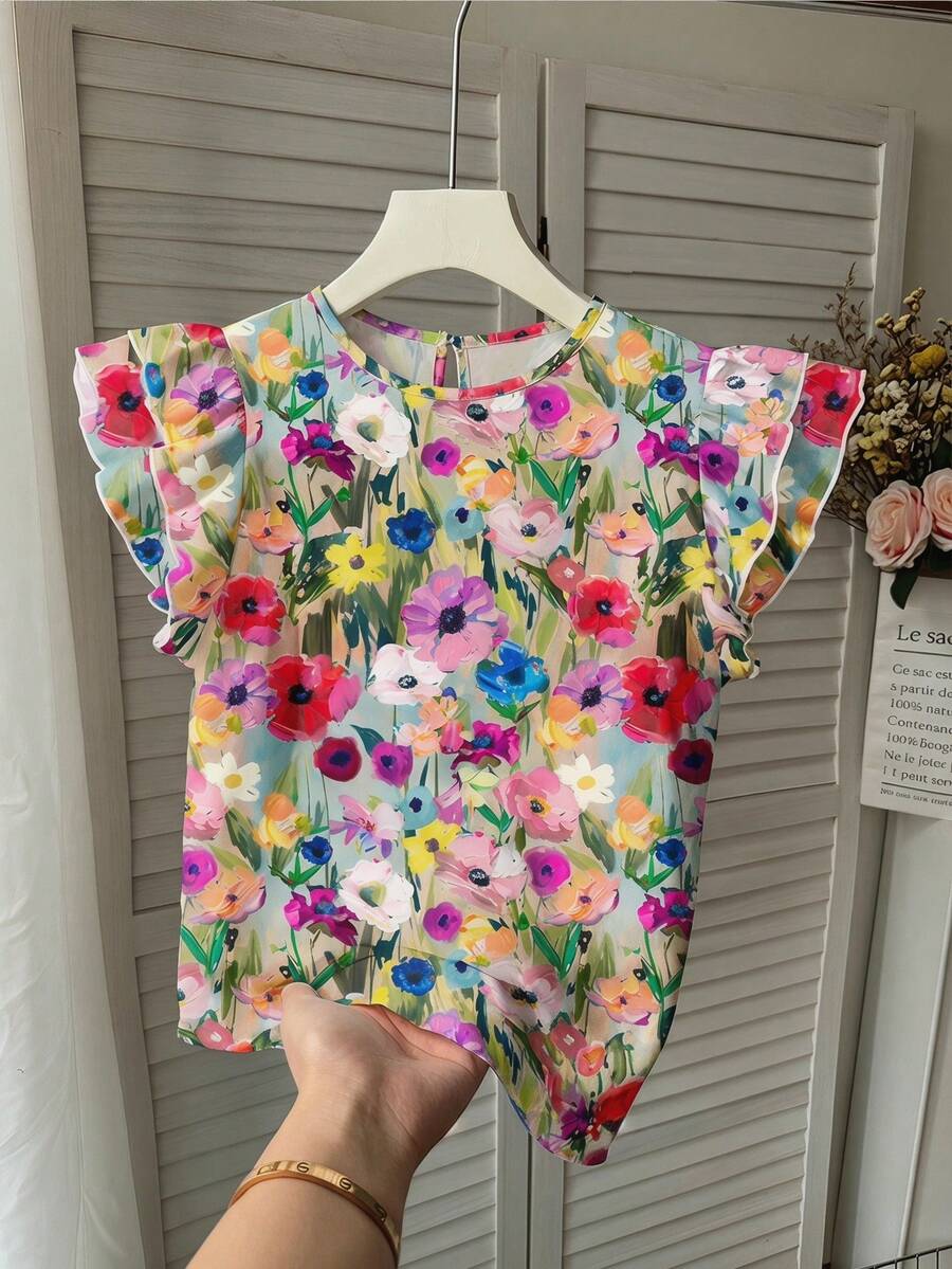 SHEIN 少女休闲简约碎花衬衫,适合夏季穿着 - 彩色 - 查看 1