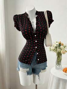 Sweetra Plus Size Fashion Versatile Minimalist Polka Dot Design Niche Elegant Sweet Short Sleeve Fitted Blouse - Black - View 6