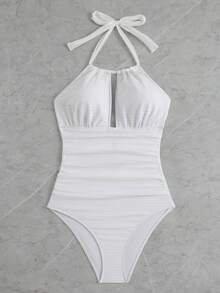 SHEIN Swim 女款純色百褶鏤空設計掛脖式連身泳衣，白色夏季性感熱帶海灘派對風 - 白色 - 查看 7