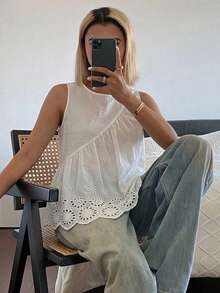 DAZY Solid Color Loose Short Sleeve Round Neck Pleated Casual Vacation Summer Blouse Shirt For Women - White - View 6