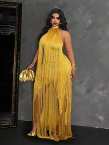 Maweii Plus Size Halter Neck Tassel Evening Gown Bodycon Yellow Performance Dress - Yellow - View 2