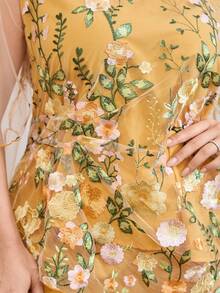 Reflora 大尺碼優雅花卉刺繡上衣與長褲兩件套，芥末黃夏季婚禮賓客女裝，奢華晚宴 Jalabiya Abaya - 黃色 - 查看 6