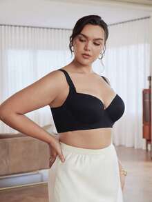Slumbrini Sujetador sin costuras con aro de talla grande de color liso minimalista - Negro - Ver 8
