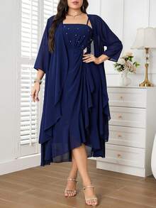 Reflora Conjunto de 2 piezas para mujer talla grande con bata exterior de unicolor de manga 3/4 y vestido camisola elegante plisado decorado con strass - Azul Marino - Ver 6