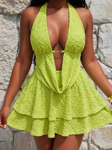 SHEIN SXY Plus-Size Light Green Textured High-Elastic Knit Draped Neckline Backless Camisole Top And High-Waist Short Skirt Two-Piece Set.Beach Vacation - Green - View 4