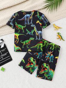 SHEIN KIDS Young Boy Luminous Dinosaur Graphic Crewneck Short Sleeve Shorts Comfortable 2pcs Loungewear & Pajama Set - Multicolor - View 3