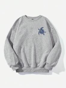SHEIN EZwear 休閒極簡度假浪漫復古海洋生物海龜印花女款圓領長袖寬鬆衛衣，適合通勤、音樂節、海灘、度假、夏季 - 淺灰色 - 查看 3