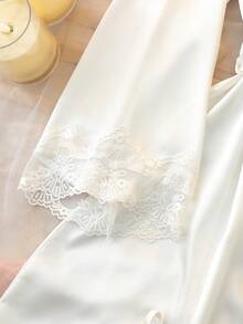 DelicateAllure 4pcs Pajama Set: Embroidered V-Neck Satin Slip Dress And Camisole Top & Shorts And Bath Robe Bridal Lingerie Set, Fall Winter Clothes - White - View 3