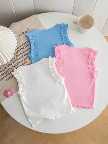SHEIN 隨機6件，發送3件 少女藍色夏季校園休閒度假風 拼接刺繡蕾絲紋理針織貼身短版背心 女生風格 - 彩色 - 查看 6