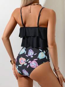 Swim Lushoire 2025 女款 2 件組夏季度假荷葉邊上衣海龜印花高腰泳裝套裝 - 彩色 - 查看 2