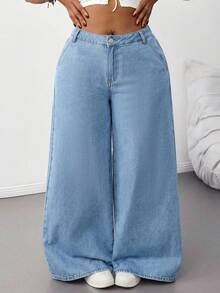 SHEIN Tall CURVE Plus Size Light Blue Elastic Waist Casual Straight Loose Fit Jeans - Light Wash - View 6