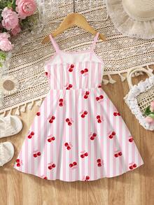 Genkimix Kids Vestido para niñas, estampado de moño de cereza, adecuado para primavera y verano, simple y casual - Multicolor - Ver 2