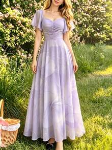 Modelyn 雙色花卉鏤空設計印花女款花卉洋裝，時尚方領百褶飄逸袖設計女裝，夏季收腰長款優雅洋裝，適合夏季度假、日常穿著 - 彩色 - 查看 4