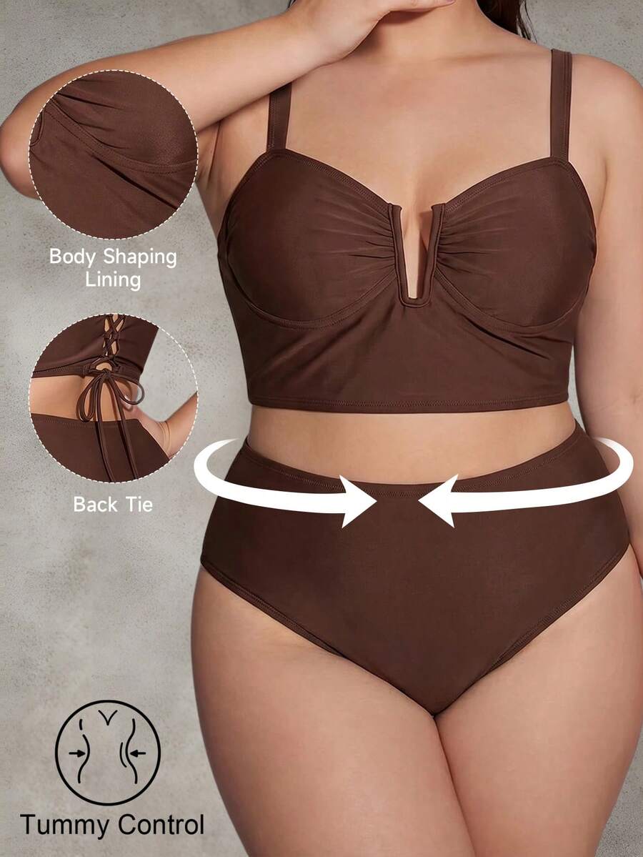 Shapewave Plus Size Solid Color Minimalist Daily Swimwear Set Gym Summer - Coffee Brown - View 1