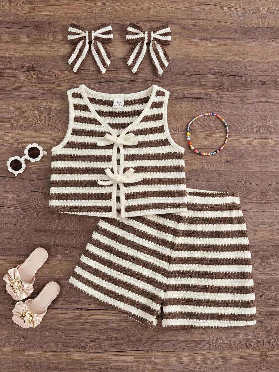 SHEIN LMoss Kids 少女條紋拼接撞色綁帶上衣與短褲休閒日常套裝 - 彩色 - 查看 1