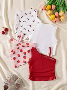 SHEIN Playful Pals 4件/組 嬰兒女童夏季櫻桃 & 草莓印花背心上衣 - 粉色 - 查看 2