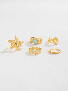 ROMWE Fairycore 5 Anillos de pie de estilo oceánico de moda, conjunto de anillos de pie de metal geométrico con estrella de mar y concha brillante, anillo de pie abierto dorado, regalo para dama/esposa/hija - Amarillo dorado - Ver 1