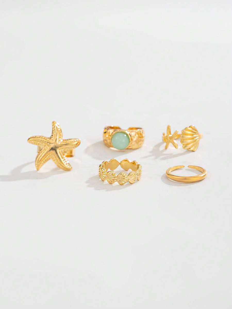ROMWE Fairycore 5 Anillos de pie de estilo oceánico de moda, conjunto de anillos de pie de metal geométrico con estrella de mar y concha brillante, anillo de pie abierto dorado, regalo para dama/esposa/hija - Amarillo dorado - Ver 1