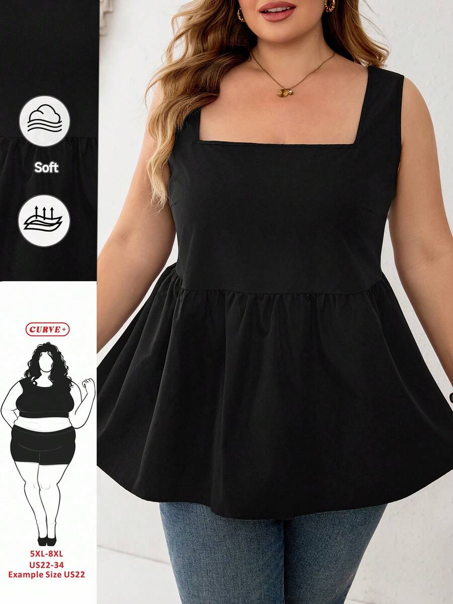 SHEIN CURVE+ 大尺碼女款春夏時尚休閒寬鬆舒適百搭顯瘦黑色娃娃上衣,夏季出遊度假極簡風黑色上衣,春夏女款襯衫 - 黑色 - 查看 1