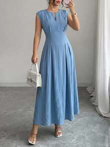 SHEIN Clasi Plus Size Small V-Neck Waist-Defining Flared Long Casual Daily Women's Dress - Blue - View 6