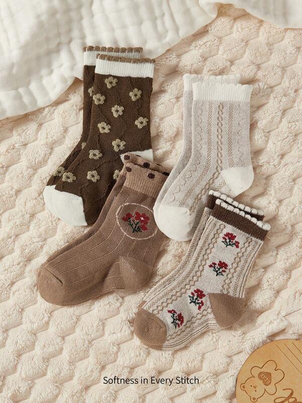 Cozy Pixies 4 Pairs Of Baby Cotton Socks, Loose Baby Children's Princess Style In Spring And Autumn And Summer, Spring And Autumn Small Fragrant Flower Pattern, Boneless Design, Medium Stockings