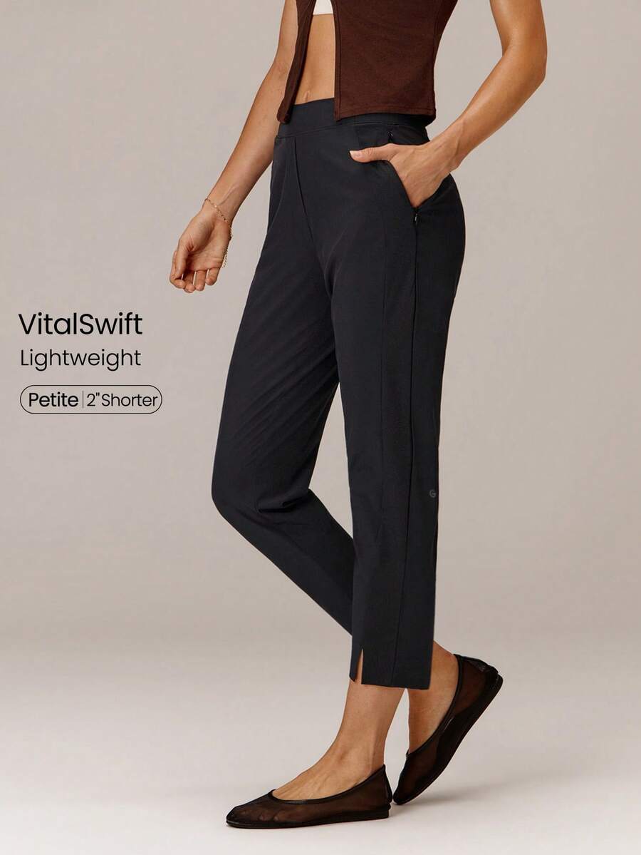 GLOWMODE 25'' VitalSwift Ultra-Light Petite Tapered Slim-Fit Slit Work Joggers Pants With Side Pockets Daily Casual   Spring Summer - Black - View 1