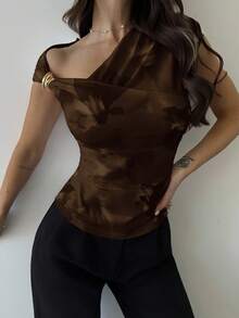 Firerie Women's Modest T-Shirts, Spring/Summer New Minimalist Elegant Daily Commute Date Night Asymmetric Shoulder Cross Wrap Metal Accessory Decor Slim Fit - Brown - View 6