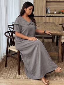 Lacomfia Women's Spring/Summer Casual Daily Lapel Design Mid-Sleeve Long Dress Fall - Dusty Blue - View 7