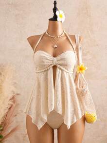 Bellisia Women's Sexy Vacation Strapless Special Fabric Braided Rope Push-Up High-Cut Tankini Swimwear Set - Beige - View 1